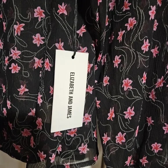 Elizabeth And James Small Long Sleeve Smocked Sheer Blouse Black W/ Pink Flowers - Picture 4 of 5